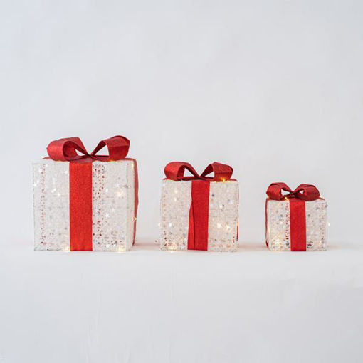 Εικόνα για Χριστουγεννιάτικα Φωτιζόμενα Διακοσμητικά Κουτιά Με Κόκκινη Κορδέλα Σετ 3 Τεμ. 15-20-25cm Eurolamp 600-45622